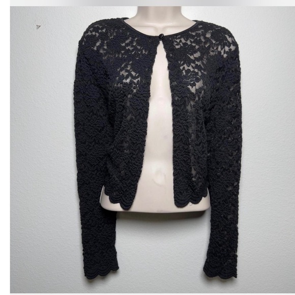 Sweaters - Unbranded Lace Cardigan Womens M Black Y2K Floral Mesh Scalloped Shrug Bolero